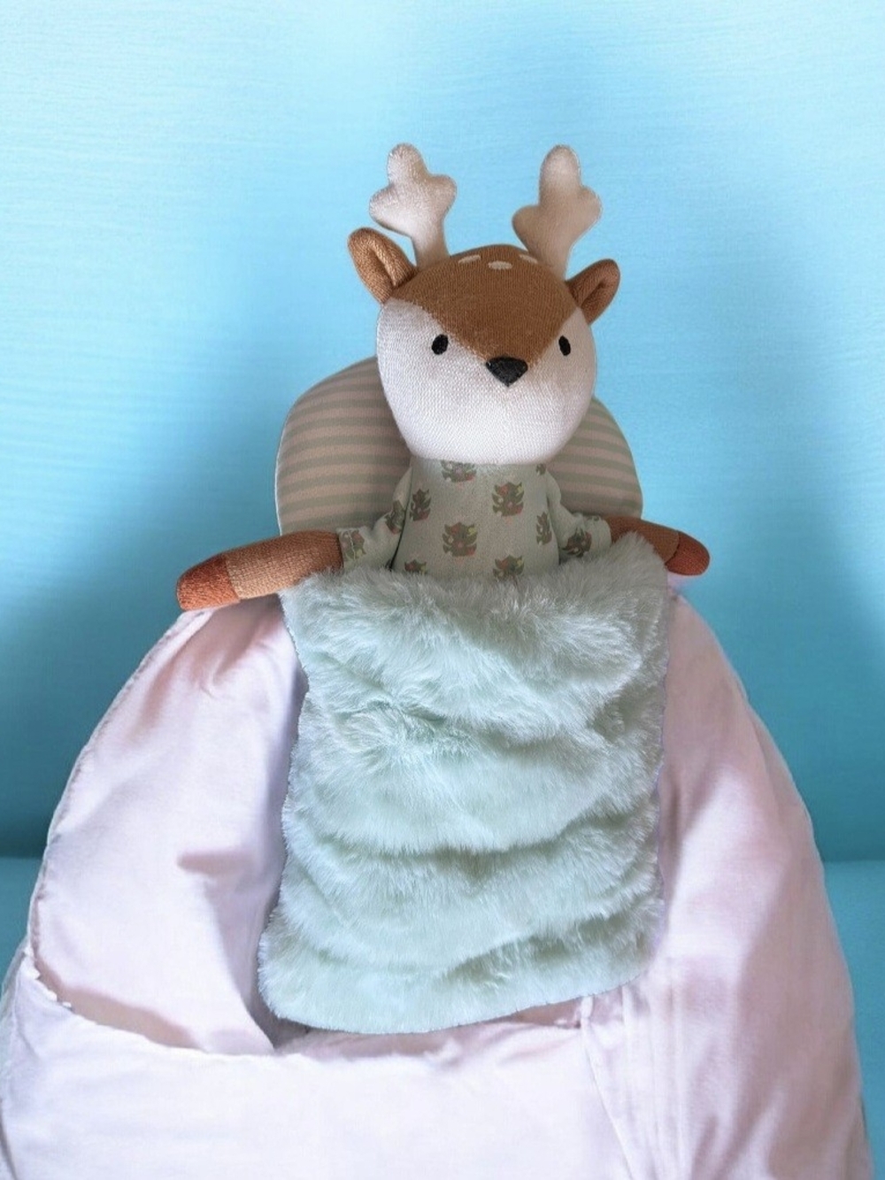 Pillowfort Mint Green Deer Plush with Patterned Sleeping Bag